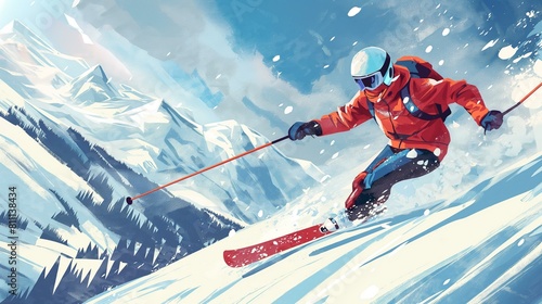 Skier carving snowy slope mountain range background photo