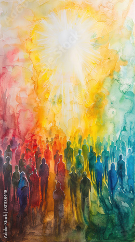 "Diverse Group Gathering Watercolor", Pentecost a Christian holiday, the descent of the Holy Spirit. © Dolgren