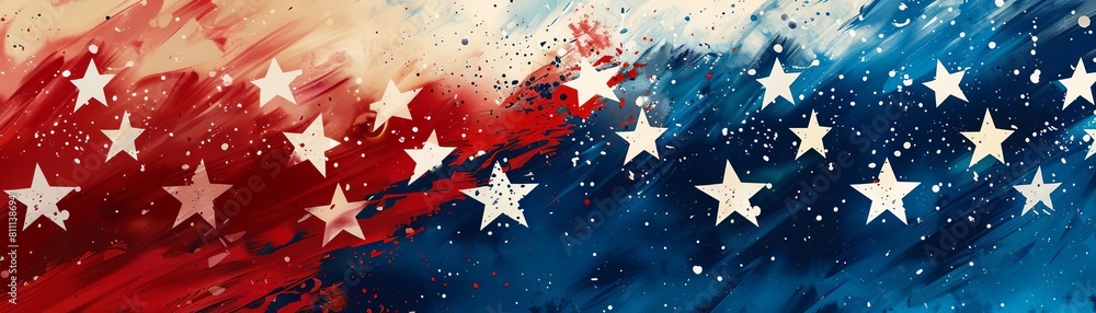 Obraz premium Abstract artistic rendering of the American flag in splashes of red, white, and blue, with stars creating a dynamic and vibrant visual.