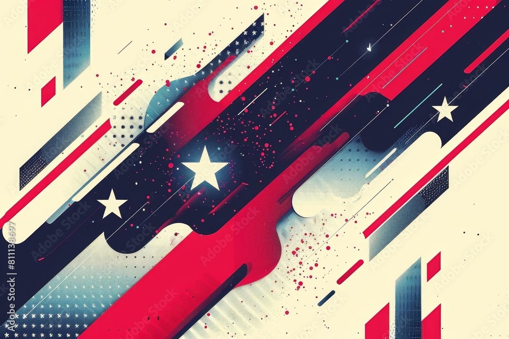 Obraz premium Artistic rendering of an abstract American flag with a dynamic backdrop of white fireworks, designed in red, white, and blue tones.