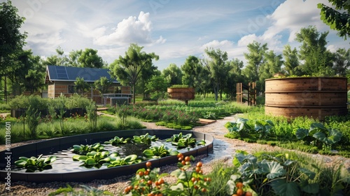 A garden with a pond and a small house in the background
