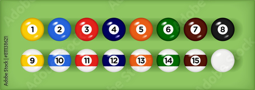 Billiard, pool balls with numbers collection. 3d objects Realistic glossy snooker ball. Green background. Vector illustration.