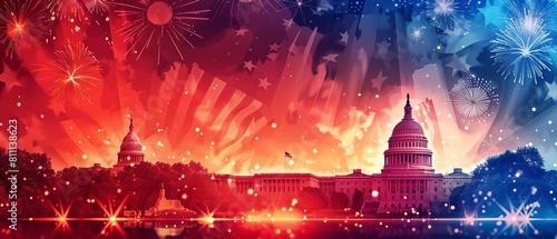 Spectacular fireworks illuminate the U.S. Capitol on the Fourth of July  celebrating American Independence with vibrant colors.