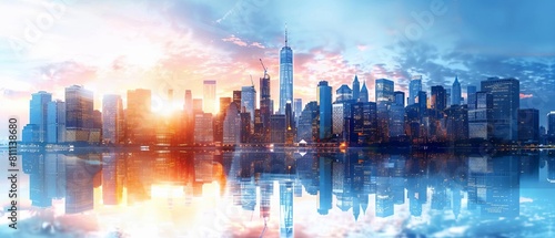 Stunning panoramic view of the Manhattan skyline  beautifully reflected in the water at sunset with a vibrant  colorful sky.