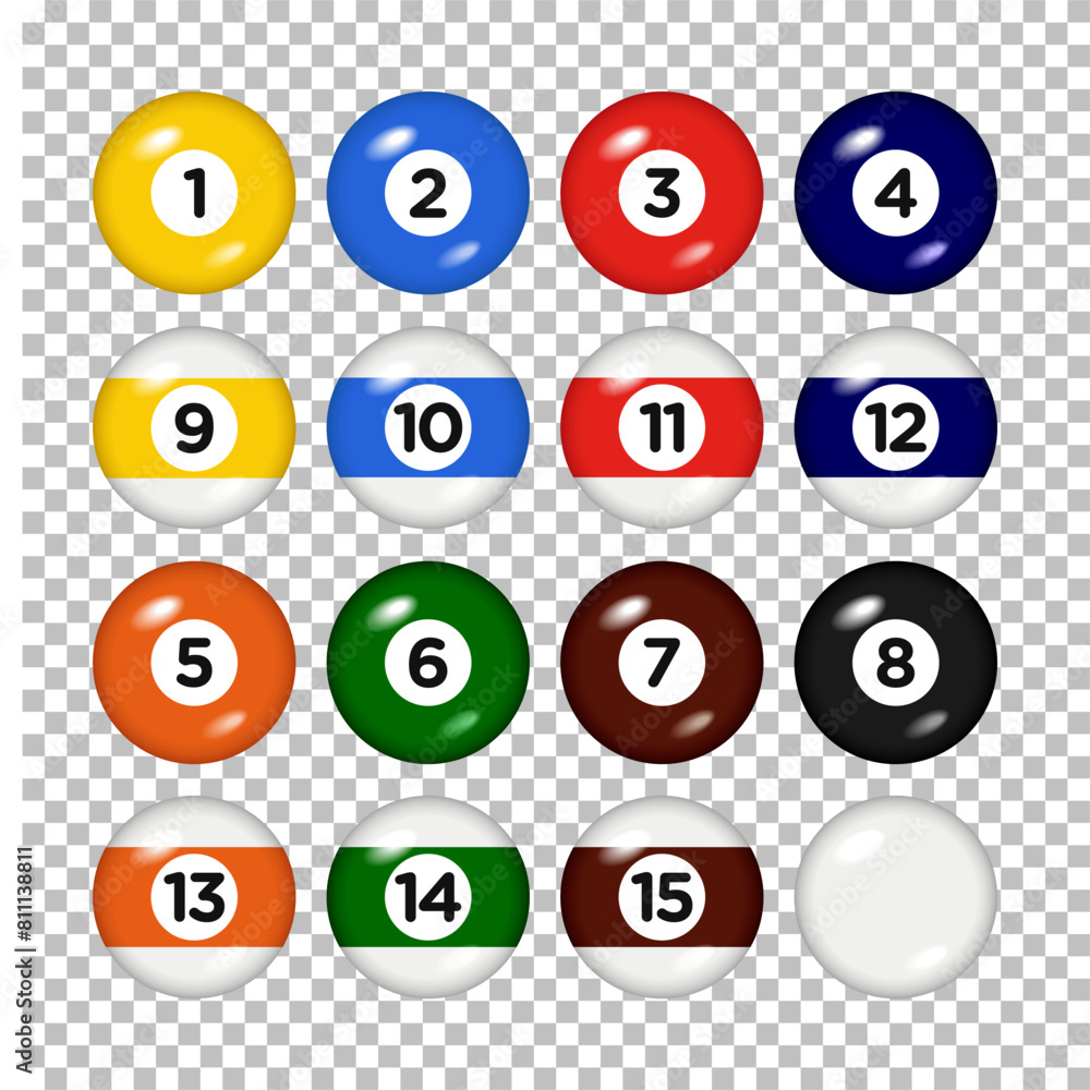 Billiard, pool balls with numbers collection. 3d objects Realistic glossy snooker ball. transparent background. Vector illustration. Billiard, pool balls with numbers collection. 3d objects Realistic glossy snooker ball. transparent background. Vector illustration.