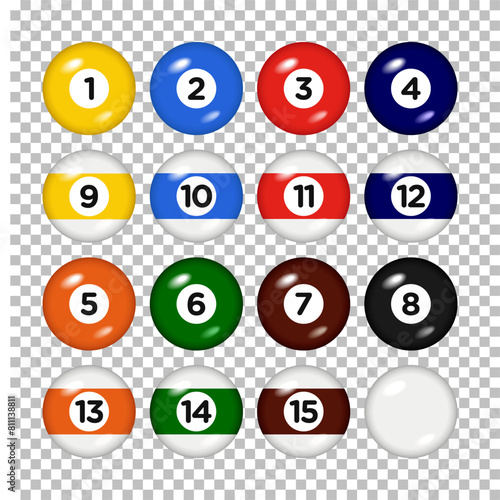 Billiard, pool balls with numbers collection. 3d objects Realistic glossy snooker ball. transparent background. Vector illustration.