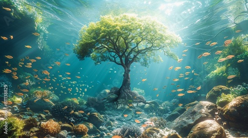 Underwater forest with a big tree in the middle.