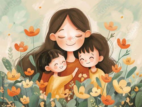 Mother hug, mother and two kids, mom, son, daughter, flowers, family love