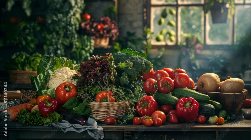 Intimate shot of ripe organic vegetables and fruits from the farm, freshly washed in a luxury kitchen setting, studio-lit for a pristine look Intimate shot of ripe organic vegetables and fruits from the farm, freshly washed in a luxury kitchen setting, studio-lit for a pristine look