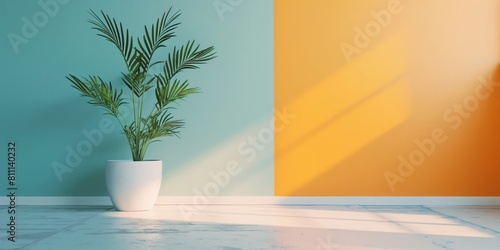 Soothing palm leaves cast fluid shadows on a wall split with warm and cool tones, fostering a tranquil mood. copy space © StockUp