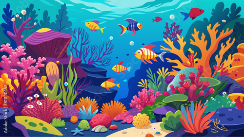 A colorful underwater scene with fish swimming around. Scene is lively and vibrant, with the bright colors of the fish and plants creating a sense of energy and movement