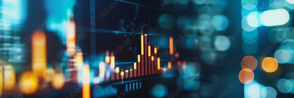Close-up of financial or stock market data on screens with charts and graphs in blue tones