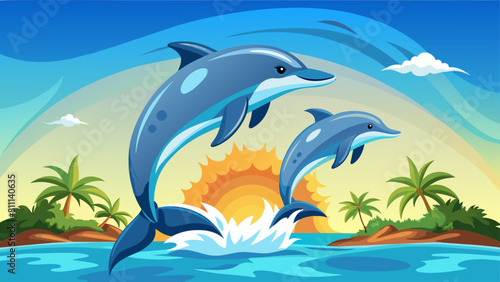 Two dolphins jumping out of the water in a tropical setting. Scene is joyful and playful
