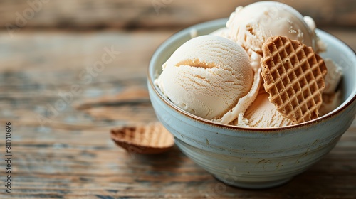 Focused close-up shot of a bowl with two scoops of ice cream and a wafer, placed on a vintage wooden table, ample space for graphics