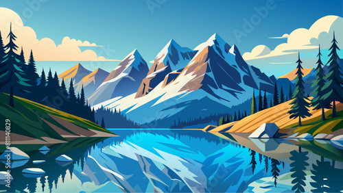 A mountain range with a lake in the foreground. The mountains are covered in snow and the lake is calm and clear. The scene is peaceful and serene, with the mountains and lake creating a beautiful