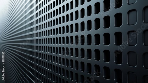 Close-up of a dark perforated metal surface with a gradient of light creating a sense of depth. photo