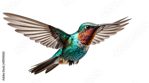 A hummingbird is flying with its long beak and colorful feathers.