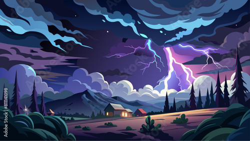 A dark sky with a house and trees in the background. A lightning bolt is seen in the sky
