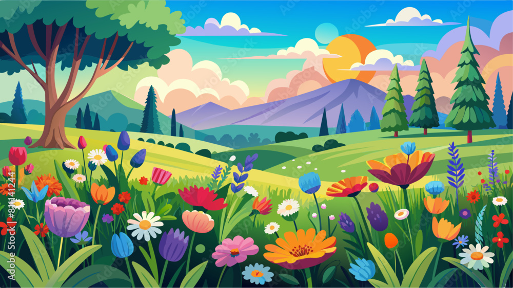 Fototapeta premium A colorful field of flowers with a tree in the background. The sky is blue and the sun is shining