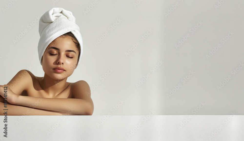 Girl with towel on head, white background, beauty concept. Banner with space for text, skincare and bodies product presentation. Girl with towel on head, white background, beauty concept. Banner with space for text, skincare and bodies product presentation.