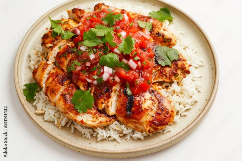 Adobo Chicken with Margarita Salsa and Colorful Tomato Garnish