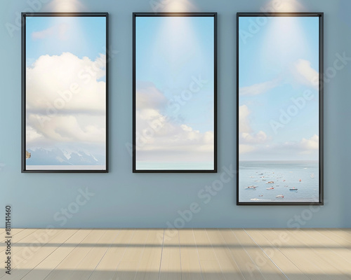 Boutique travel agency with three empty posters in elegant black frames spotlighted against a sky blue wall perfect for showcasing exotic travel packages or adventure tours