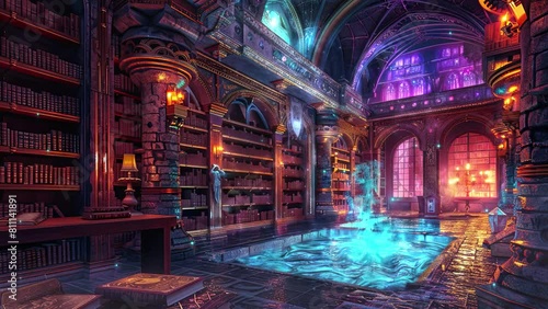 Magical Library. Fantasy Study. Fantasy and fairy tale setting video. Loop animation for relaxing music video photo