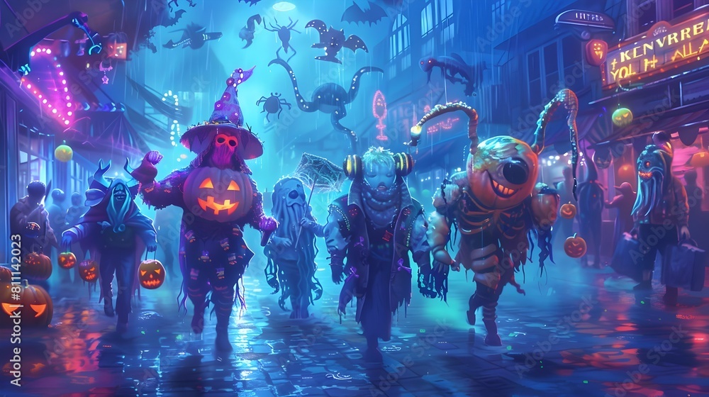 Fantastical Halloween Creatures Roaming the Haunted Streets of a Mystical City at Night