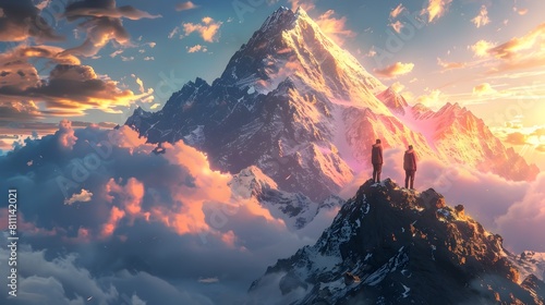 Intrepid Duo Conquer Majestic Mountain Peak Under Breathtaking Skies photo