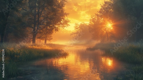 Golden misty sunrise on the pond in the autumn morning. Trees with rays of the sun cutting through the branches, reflected in the water. AI generated illustration © Or