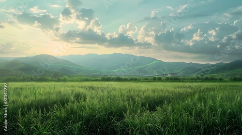 Serene natural landscape with verdant fields and distant mountains symbolizing nature s resilience photo