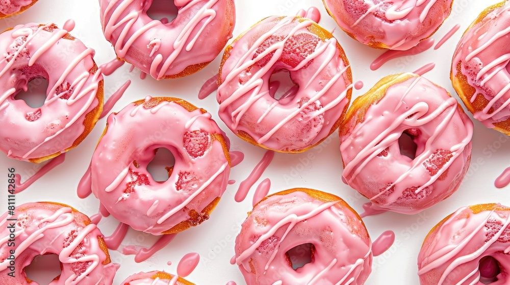 Top down view of a delicious assortment of strawberry donuts drizzled with pink frosting against a clean white background Top down view of a delicious assortment of strawberry donuts drizzled with pink frosting against a clean white background
