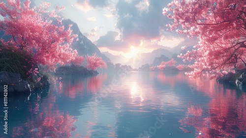 A Painting of a Lake Surrounded by Pink Trees