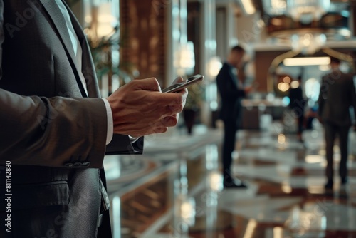Elegant people in suits viewing mobile phones with luxury hotel lobby background
