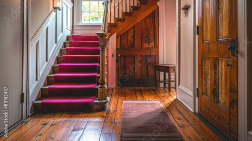 Chic home entry with a bright magenta staircase a rustic wooden door and a polished hardwood floor