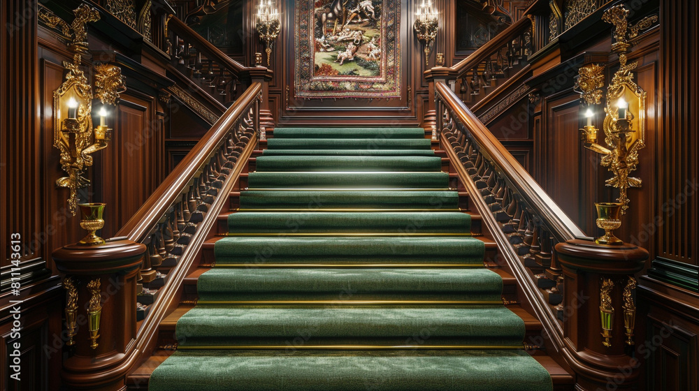 Classic entrance hall with moss green carpeted stairs featuring antique brass fixtures and rich wooden wall paneling A grand tapestry hangs prominently