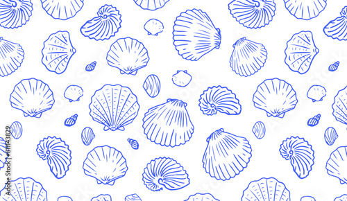 Seamless pattern of blue hand drawn seashells on white background. Marine-inspired design. Coastal and beach theme concept for textile, wallpaper, and interior design.