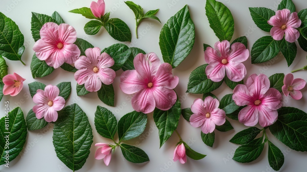 Pink Flowers and Green Leaves on White Surface Pink Flowers and Green Leaves on White Surface