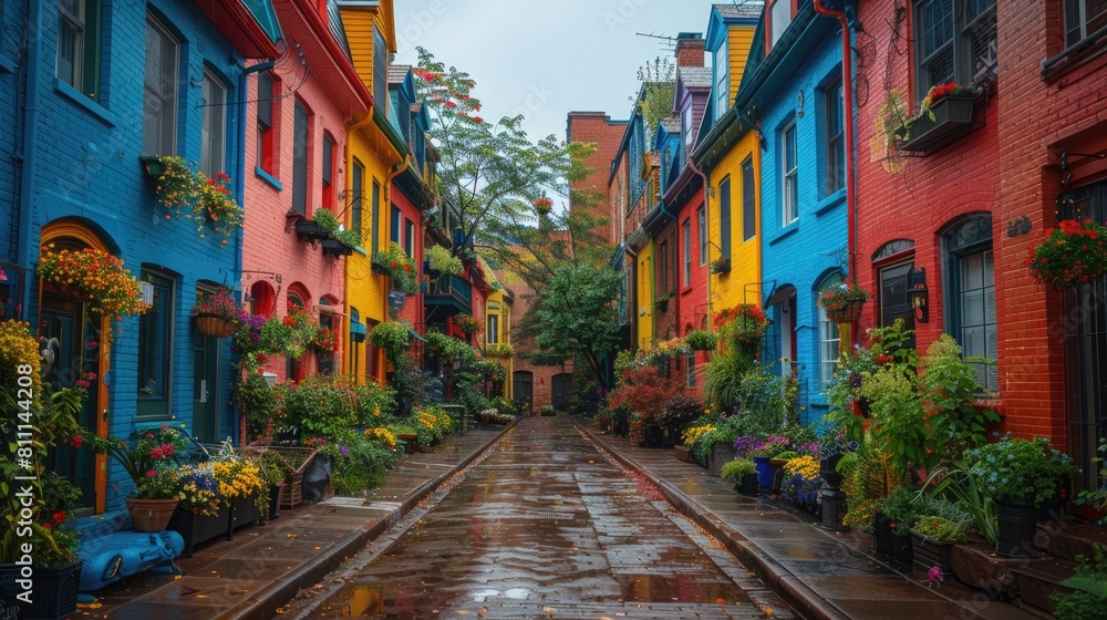 Colorful Buildings and Potted Plants on a Narrow Street Colorful Buildings and Potted Plants on a Narrow Street