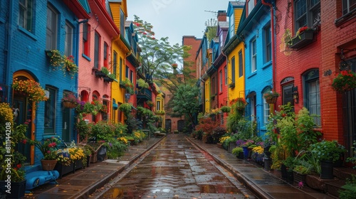 Colorful Buildings and Potted Plants on a Narrow Street © easybanana