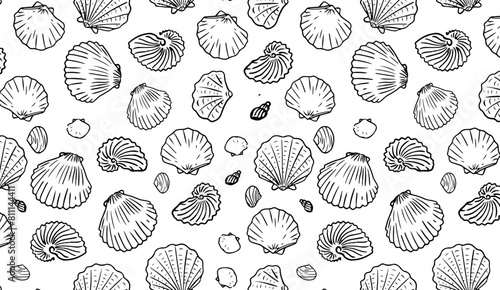 Seamless pattern of hand drawn seashells on white background. Marine-inspired design. Coastal and beach theme concept for textile, wallpaper, and interior design.