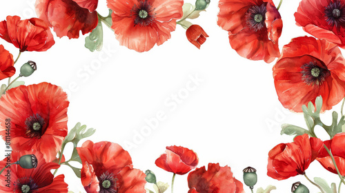 A watercolor painting of a field of red poppy flowers as a border frame on white background