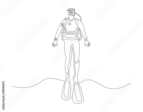Continuous one line drawing of scuba diver diving in underwater. One line drawing illustration of scuba diver. Diving sport concept continuous line art. Editable outline.