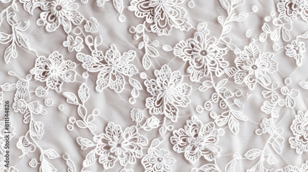 Up-close view showcasing the intricate patterns and details of white lace on a soft texture. Up-close view showcasing the intricate patterns and details of white lace on a soft texture.