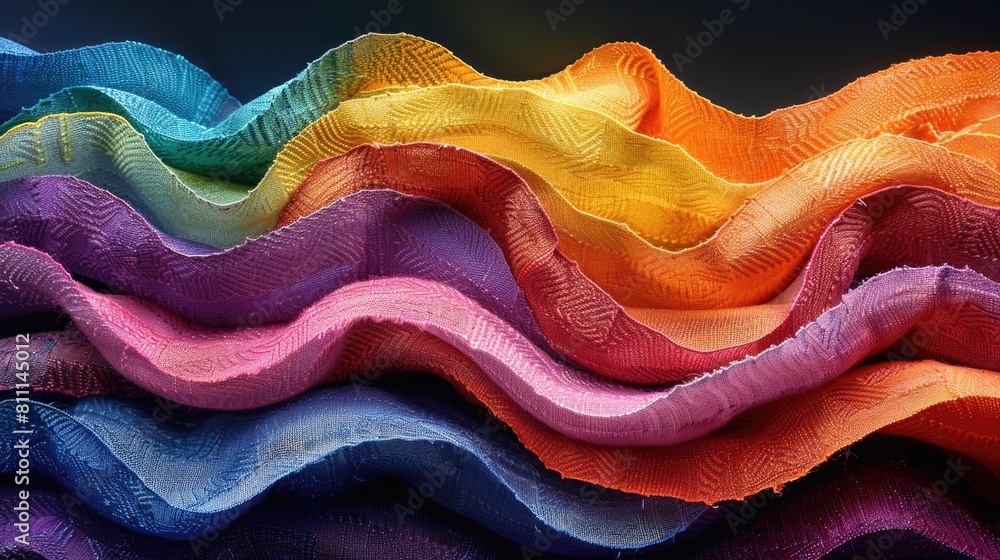 Close-up detailed view of a rainbow colored wave in textile fabric.