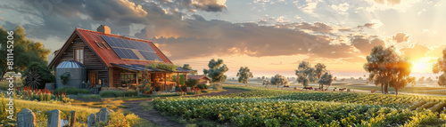 A farmhouse with a barn and a field of green grass