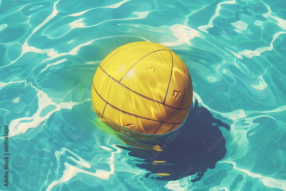 A yellow water polo ball floating in a pool. Suitable for sports and recreation concepts