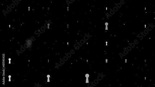 Template animation of evenly spaced keyhole symbols of different sizes and opacity. Animation of transparency and size. Seamless looped 4k animation on black background with stars