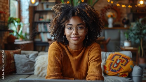 Stylish woman with curly hair,Ideal for fashion and lifestyle magazines, trendy café promotions, eyewear marketing campaigns, social media lifestyle influencers, and urban culture blogs. photo