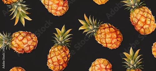 A stylized vibrant pattern of pineapples on a black background.